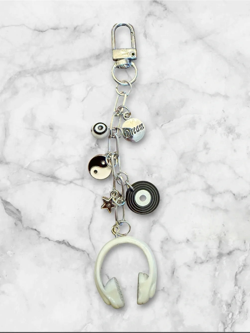 Silver Tone Music & Yin Yang Charm Keychain with White Headphones